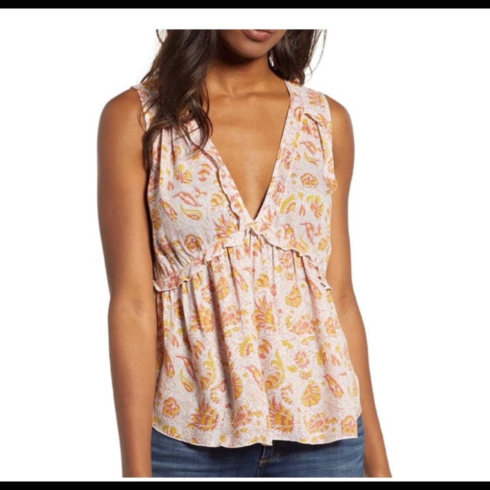 Lucky Brand Sleeveless Romantic Ruffle Top. Pink Multi Color. Size Large